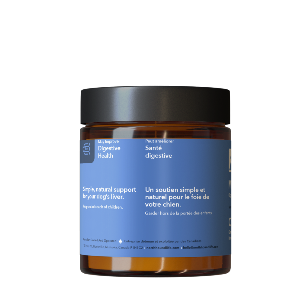 Jar of Milk Thistle supplement by North Hound Life on a white background in amber glass jar with black lid and blue digestive health label