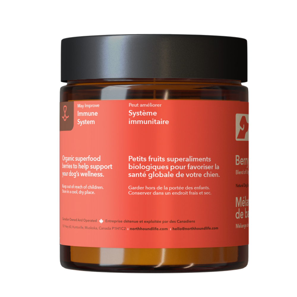 Berry Blast blend of organic berries in amber glass jar with red label with white text and black plastic lid
