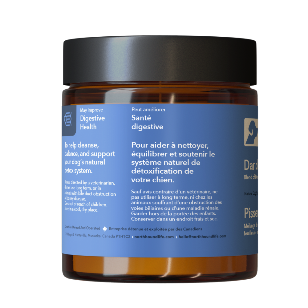 Jar of North Hound Life Dandelion supplement for dogs on a white background in amber glass jar with black lid and blue digestive health label