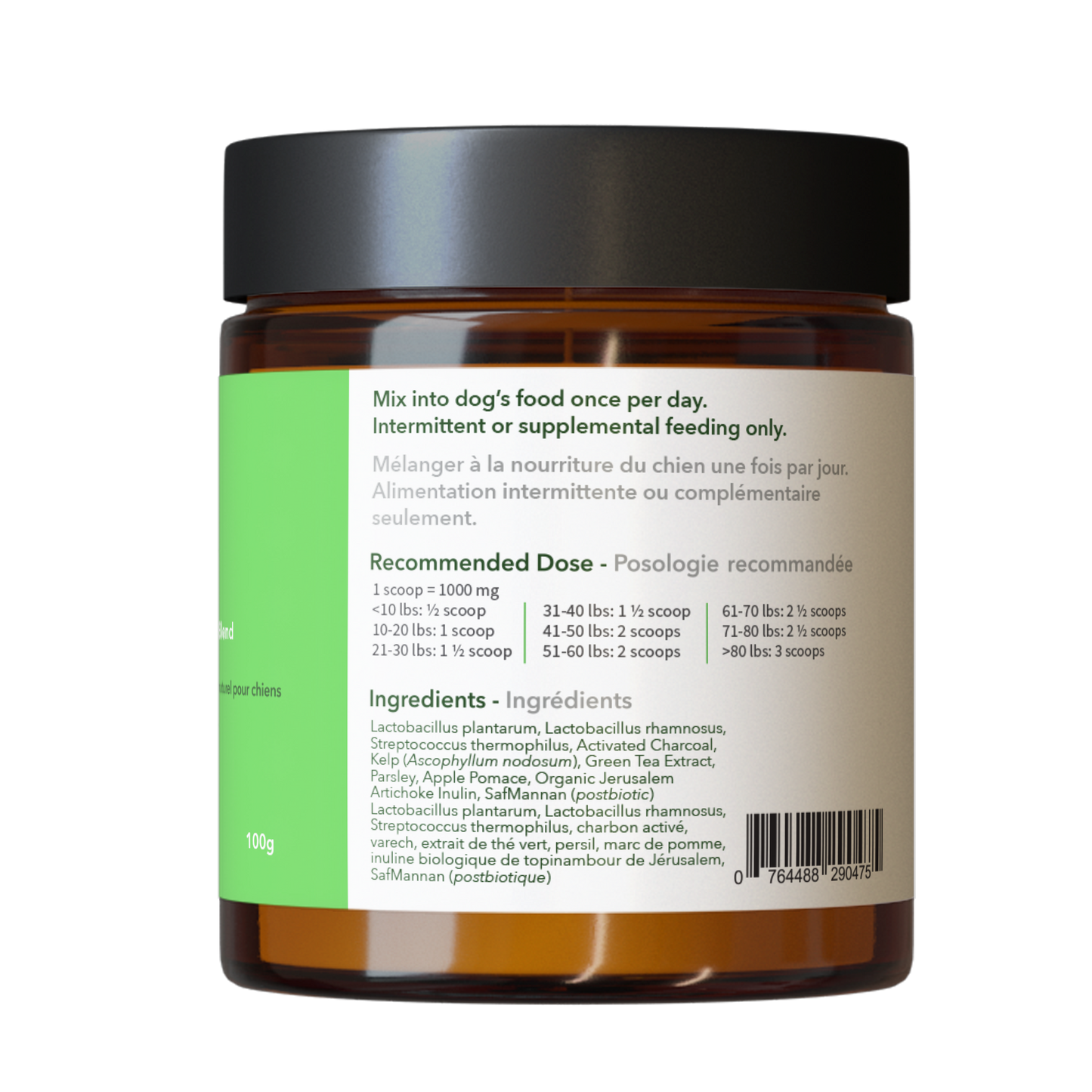 Jar of North Hound Life Dental + Probiotic and Botanical Dental Blend on a white background, amber glass jar with white and green label