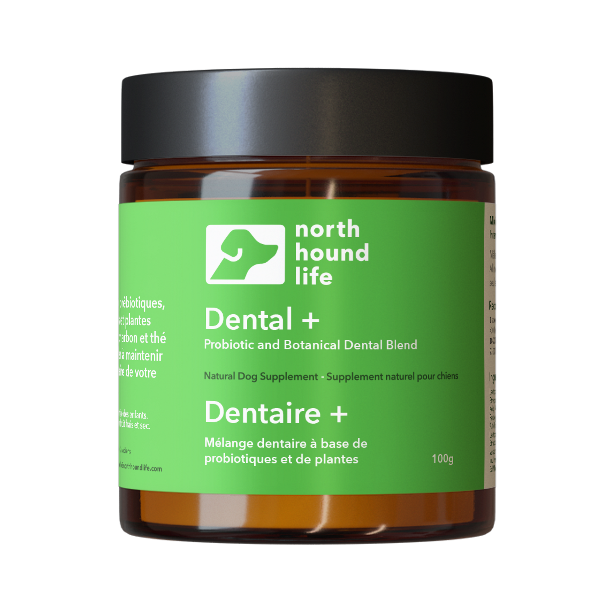 Jar of North Hound Life Dental + Probiotic and Botanical Dental Blend on a white background, amber glass jar with green label