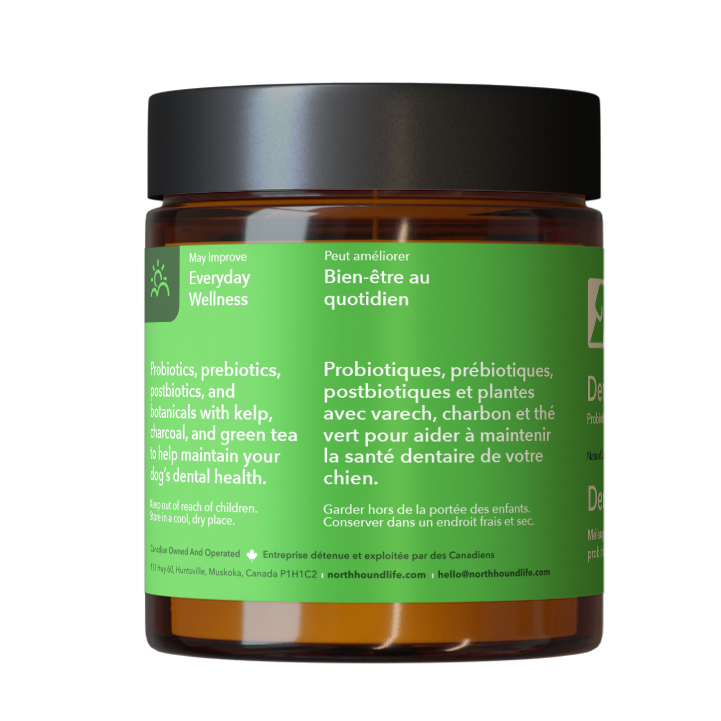Jar of North Hound Life Dental + Probiotic and Botanical Dental Blend on a white background, amber glass jar with green label
