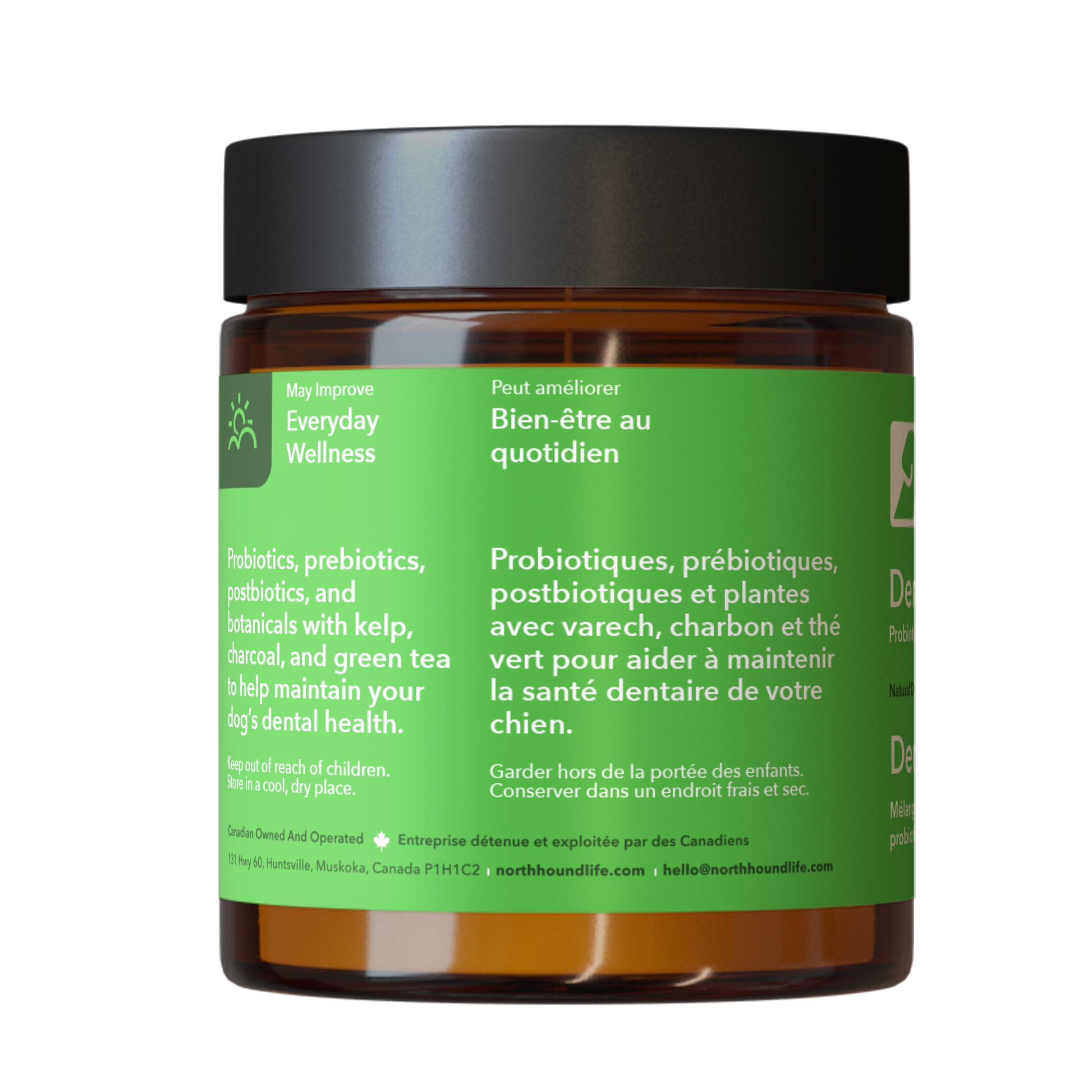Jar of North Hound Life Dental + Probiotic and Botanical Dental Blend on a white background, amber glass jar with green label