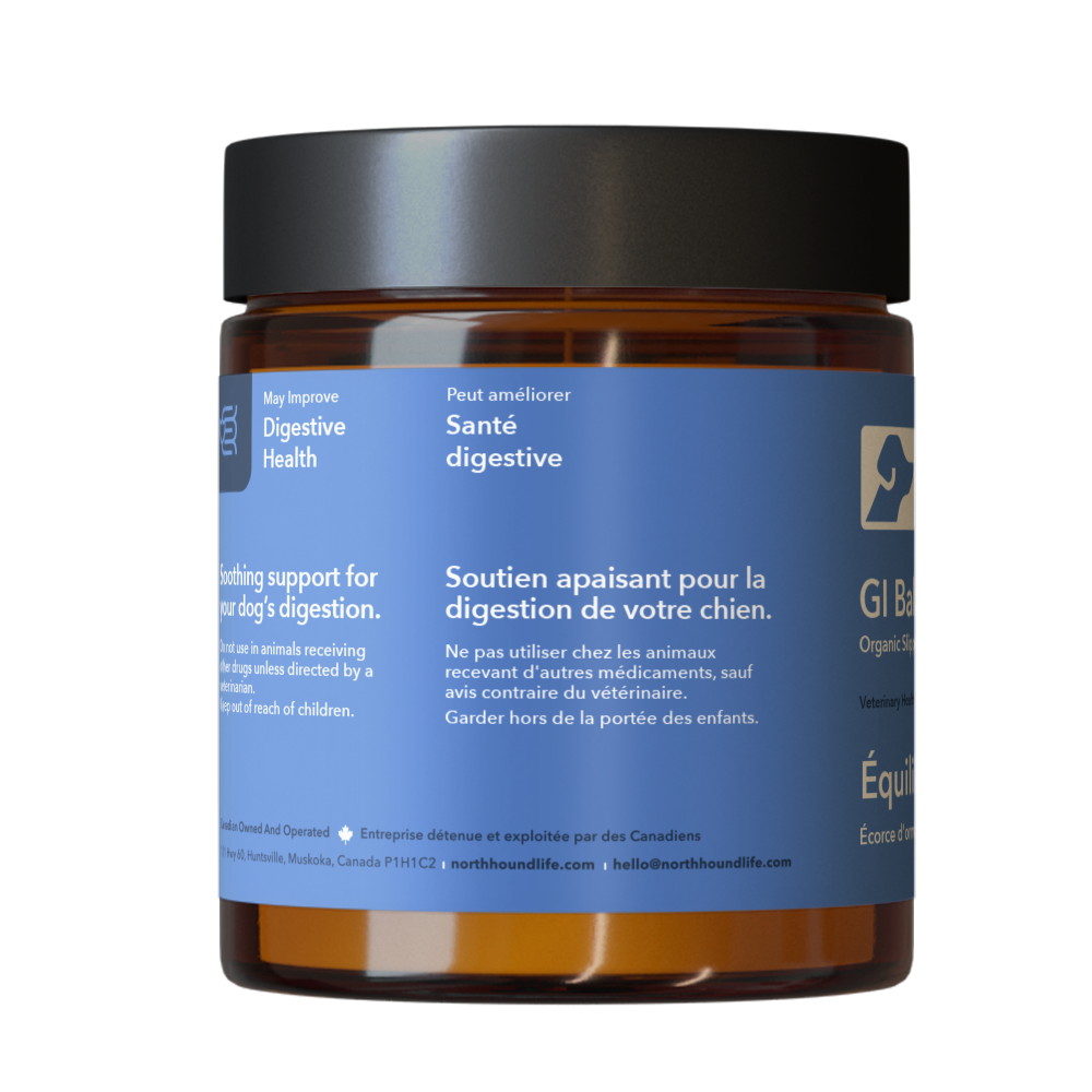 GI Balance supplement for dogs in amber glass jar with matt black plastic cap, jar is wrapped in pale blue label with white and black text