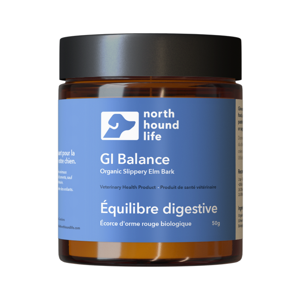 GI Balance supplement for dogs in amber glass jar with matt black plastic cap, jar is wrapped in pale blue label with white and black text and white silhouette of dog