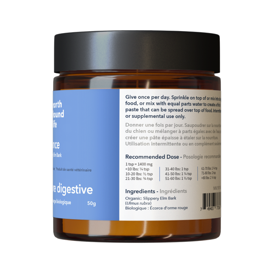 GI Balance supplement for dogs in amber glass jar with matt black plastic cap, jar is wrapped in pale blue label with white and black text and white label with blue and grey text