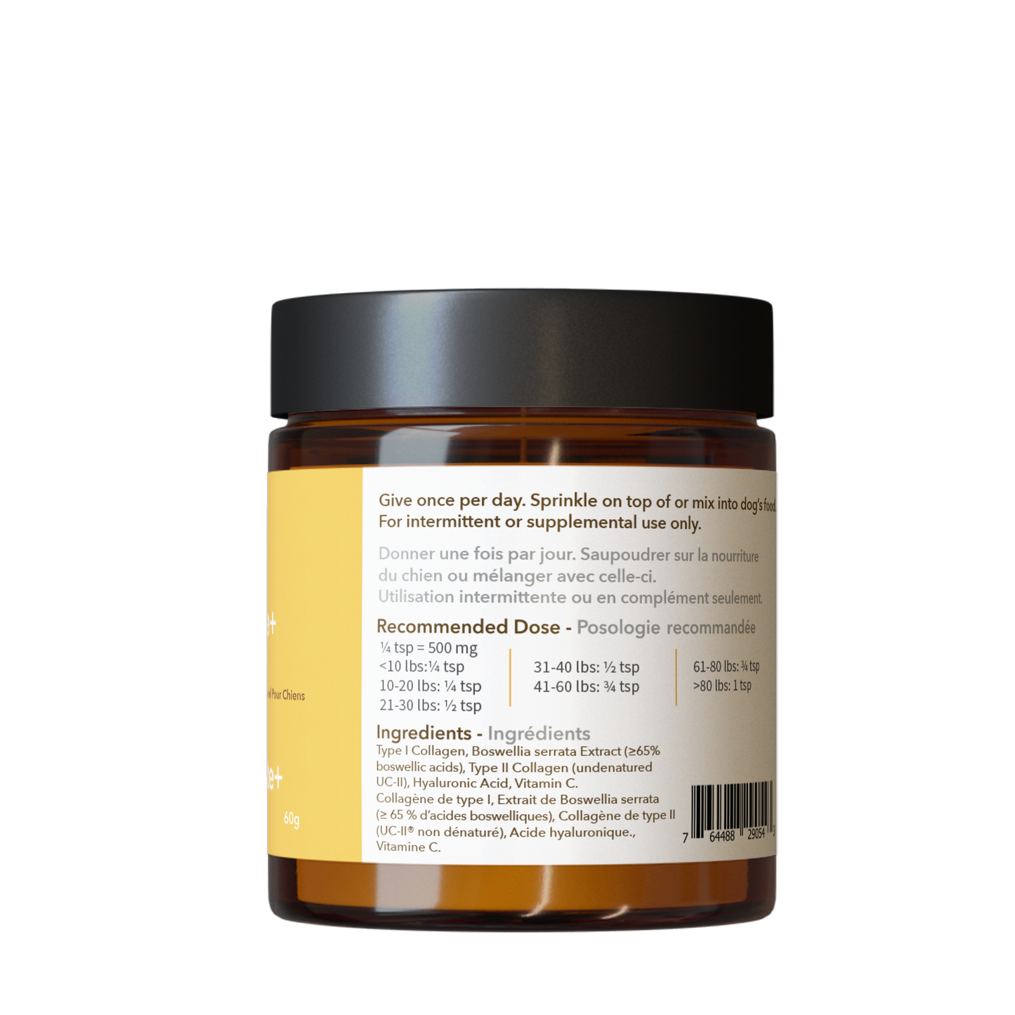 Amber glass jar with black lid and label on a white background
