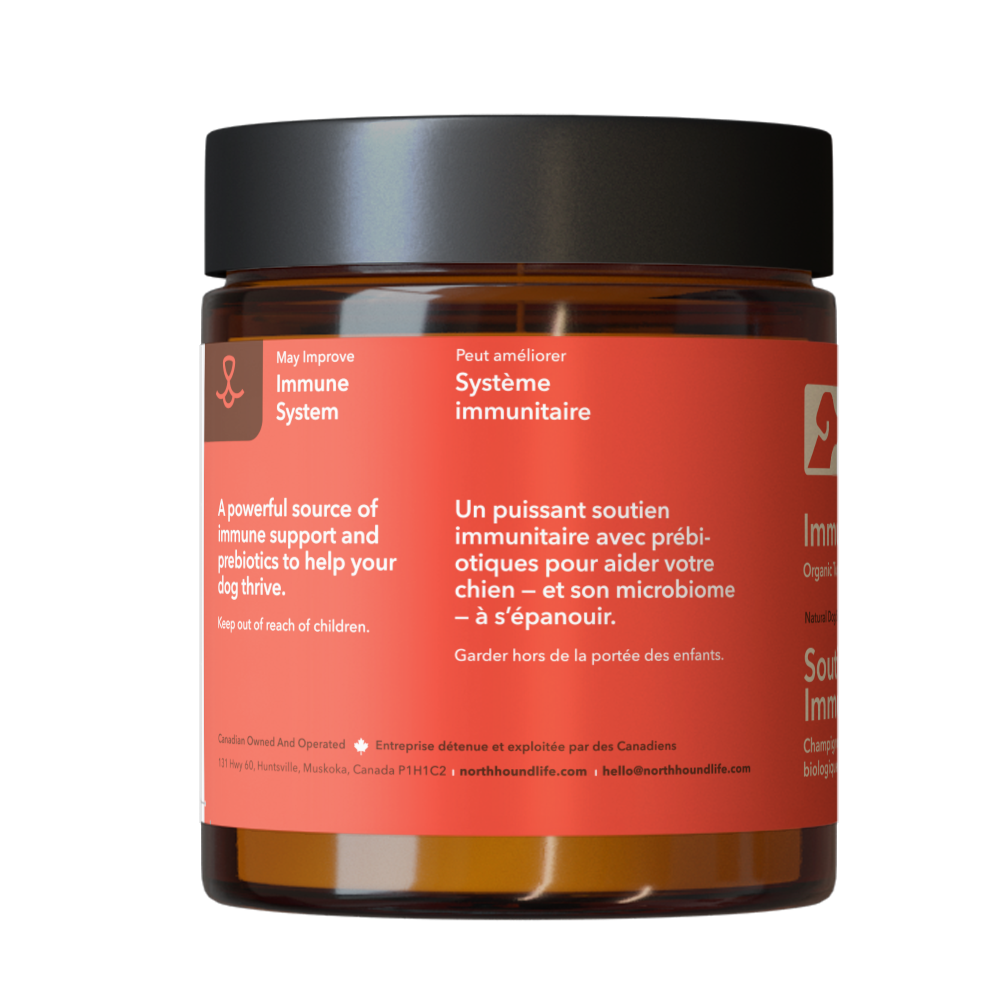 Jar of North Hound Life Immune Support supplement on a white background in amber glass jar with red immune support label