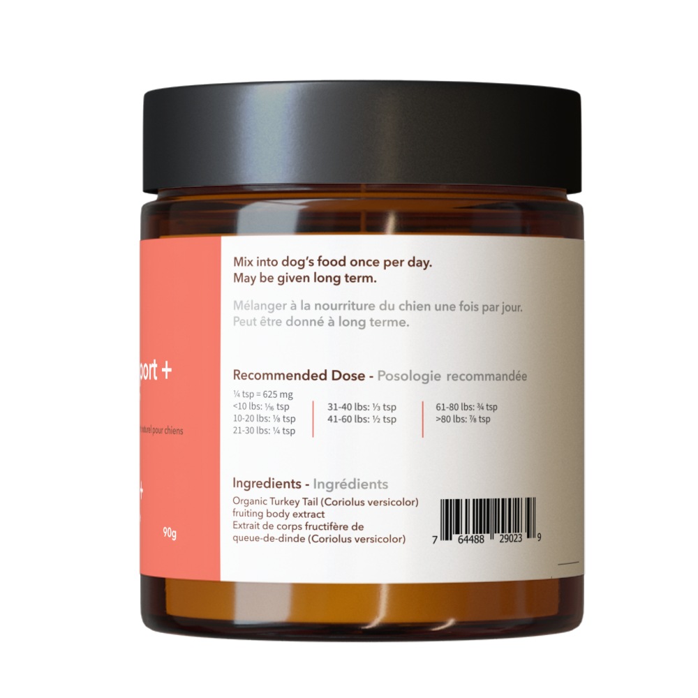 Jar of North Hound Life Immune Support supplement on a white background in amber glass jar with red immune support label