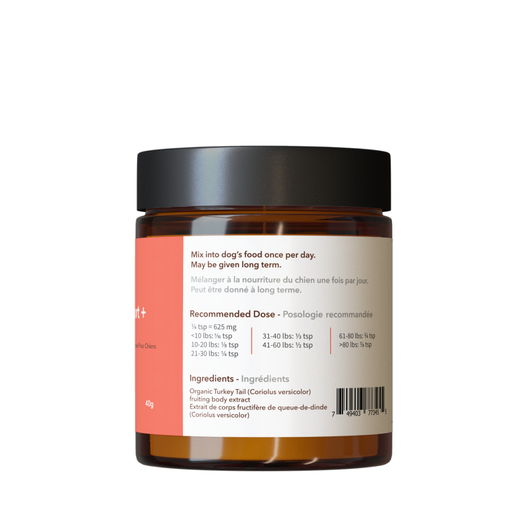 Jar of North Hound Life Immune Support supplement on a white background in amber glass jar with red immune support label