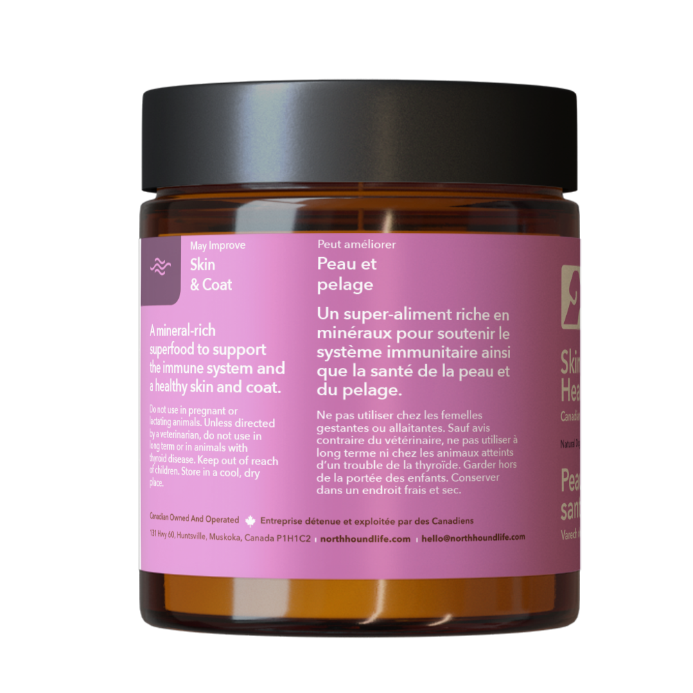 Jar of North Hound Life Skin & Coat Health+ supplement with pink label indicating skin and coat health on a white background