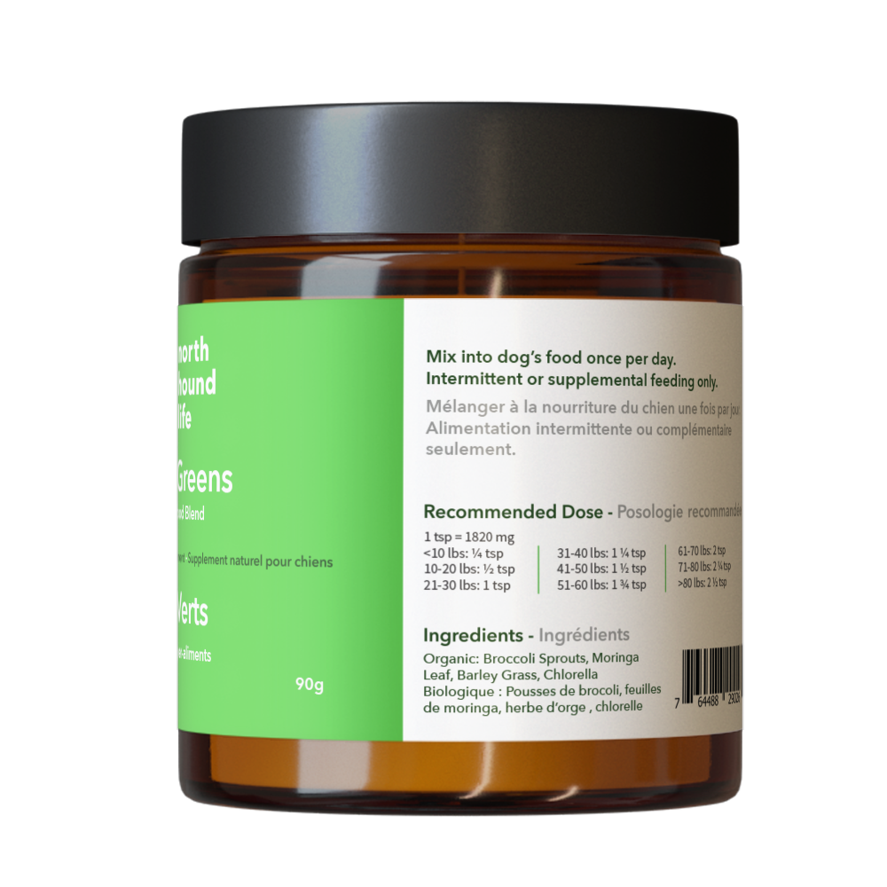 Super Greens supplement for dogs in amber glass jar with matt black cap, jar is wrapped in vibrant green label with white and black text and white label with dark green and grey text