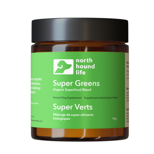 Super Greens supplement for dogs in amber glass jar with matt black cap, jar is wrapped in vibrant green label with white and black text and white silhouette image of a dog