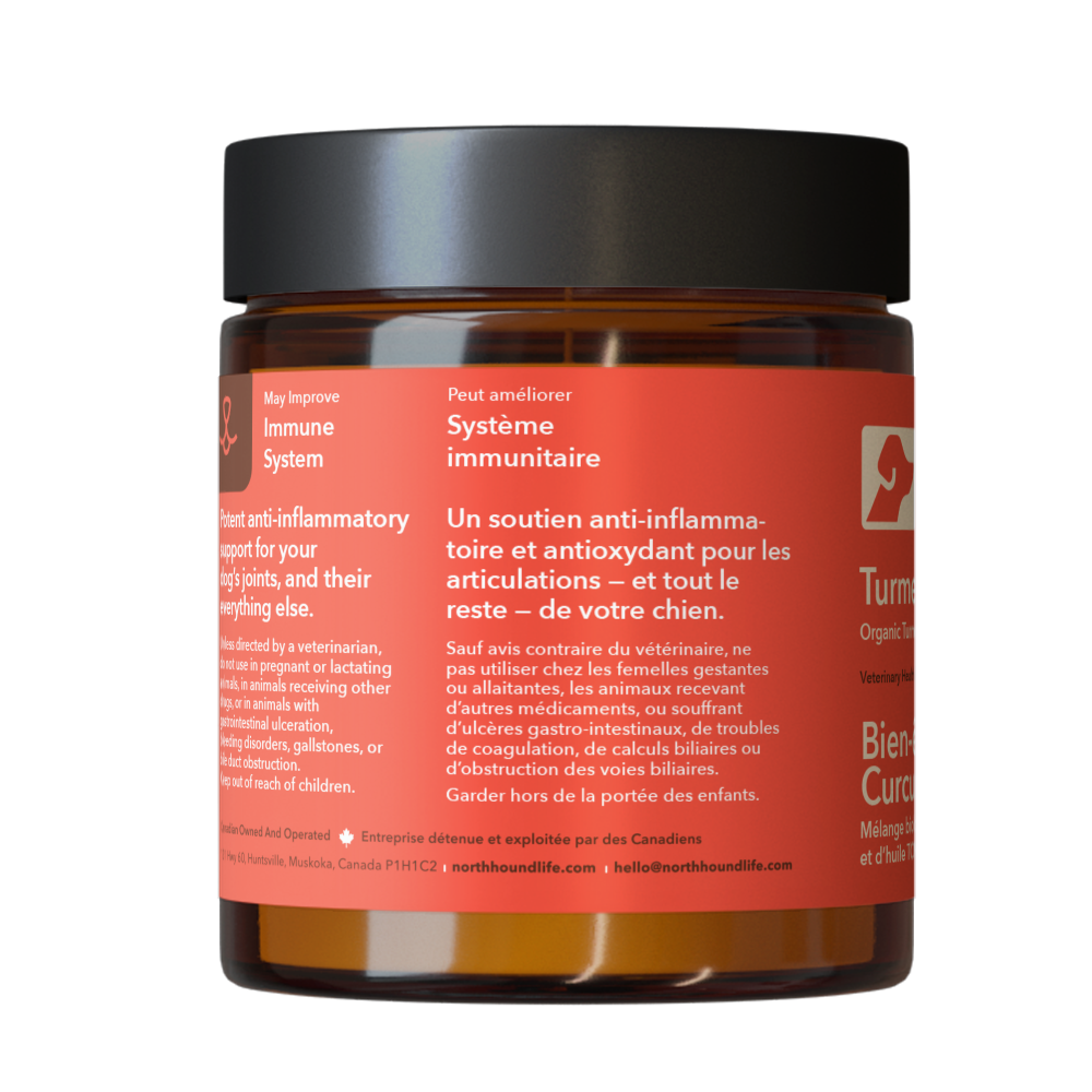 Turmeric Wellness + supplement for dogs in amber glass jar with matt black cap, jar is wrapped in red label with white and black text