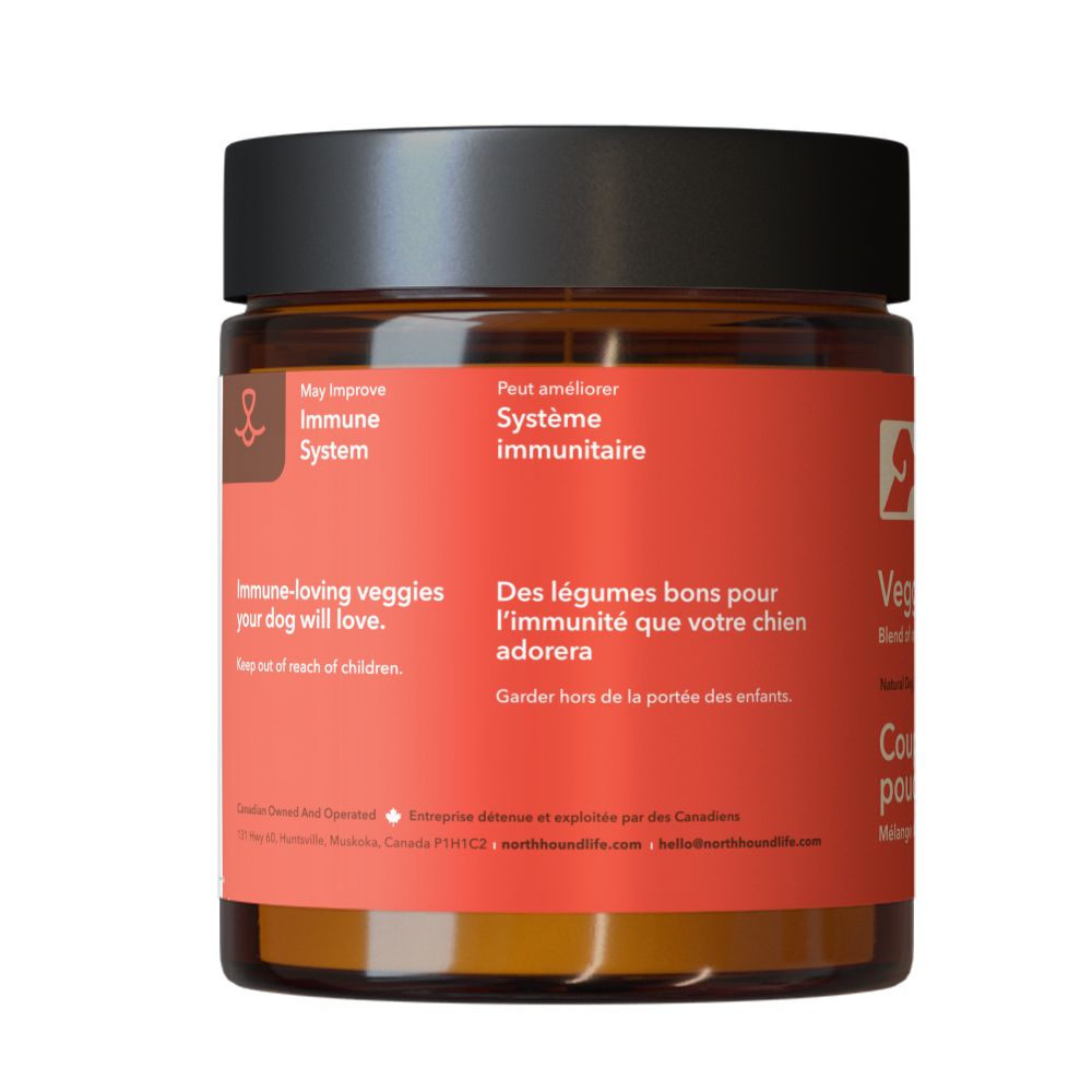 Veggie Boost supplement for dogs from north hound life, in amber glass jar with red immune support label and black cap