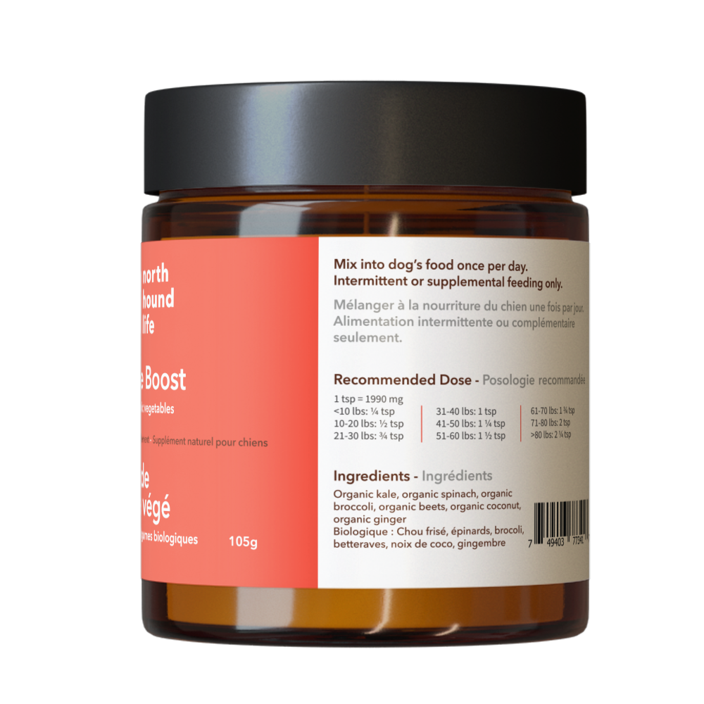 Veggie Boost supplement for dogs from north hound life, in amber glass jar with red immune support label and black cap