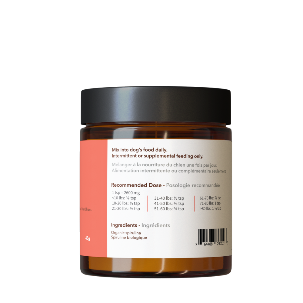 Jar of North Hound Life Spirulina on a white background, in amber glass jar with red immune health label and black plastic cap