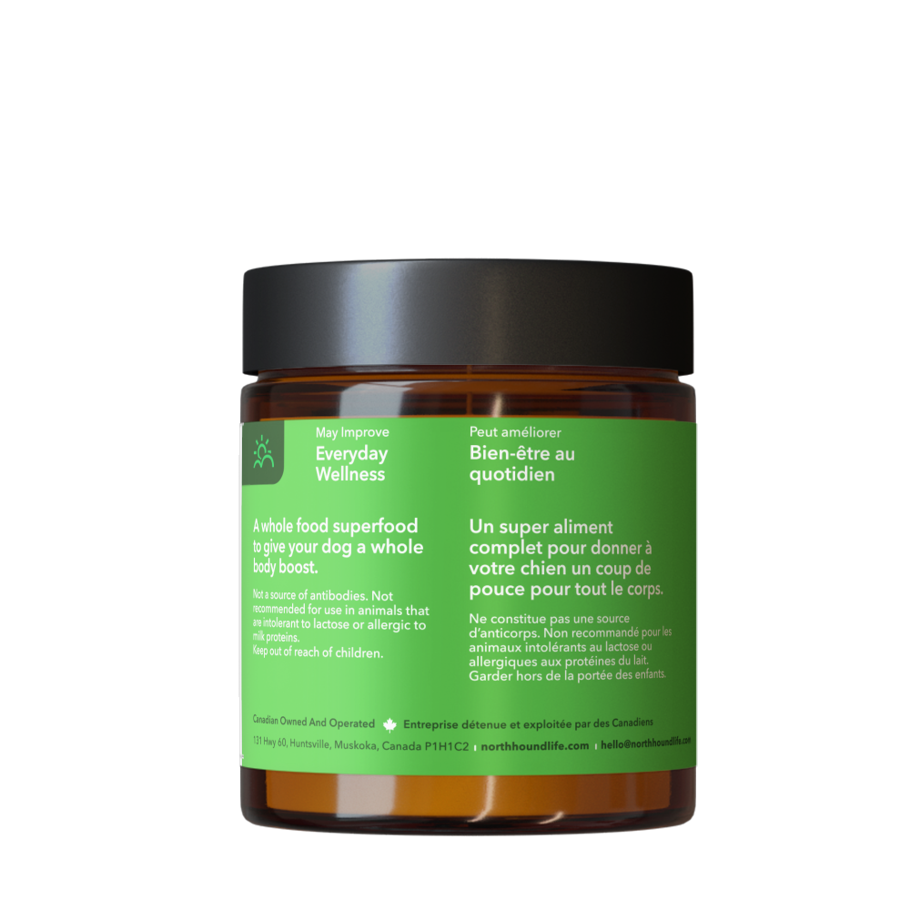 Jar of 'Whole Health' by North Hound Life on a white background in amber glass jar with green everyday wellness label