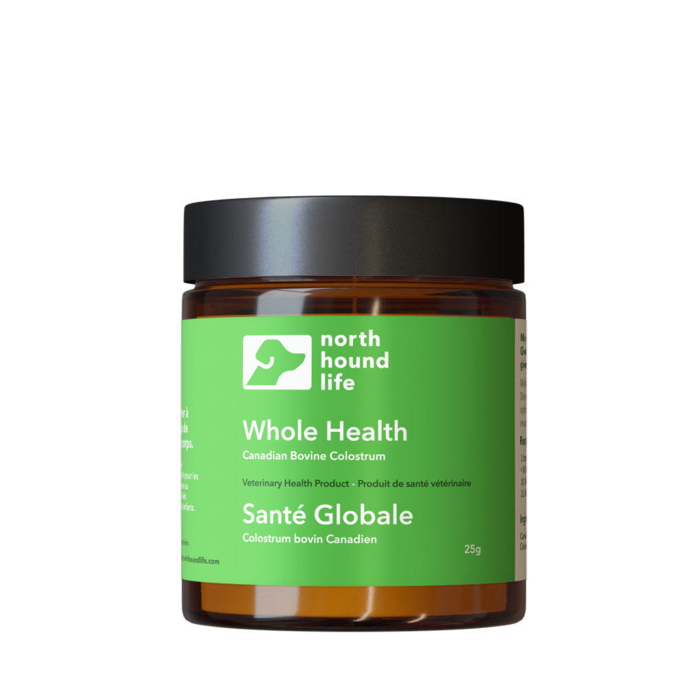 Jar of 'Whole Health' by North Hound Life on a white background in amber glass jar with green everyday wellness label