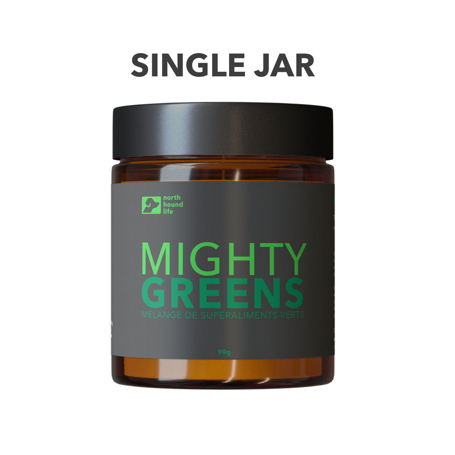 Mighty Greens supplement for dogs in amber glass jar and grey label and black lid - with text SINGLE JAR above jar