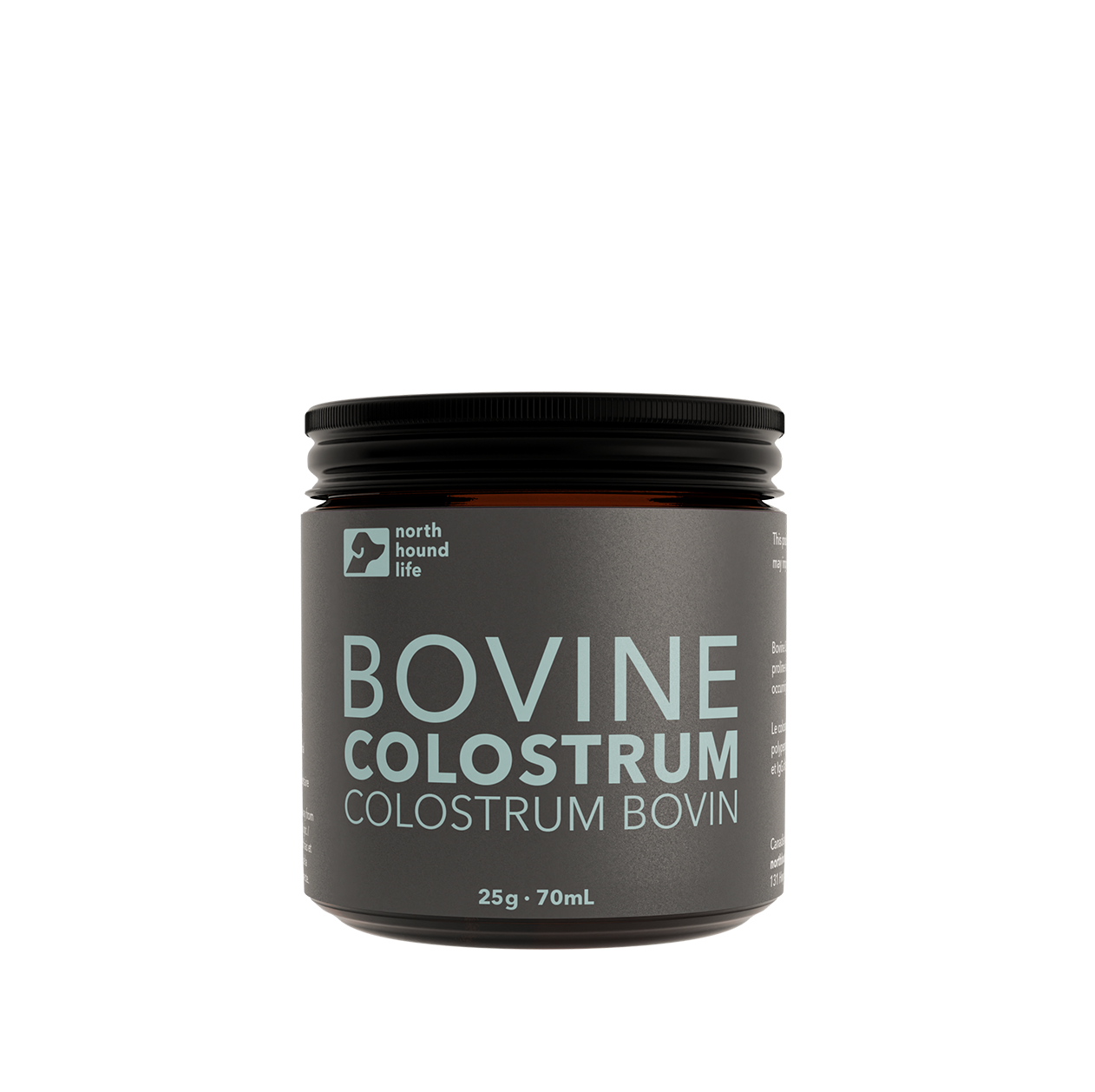A recyclable glass jar labeled 'BOVINE COLOSTRUM' by North Hound Life