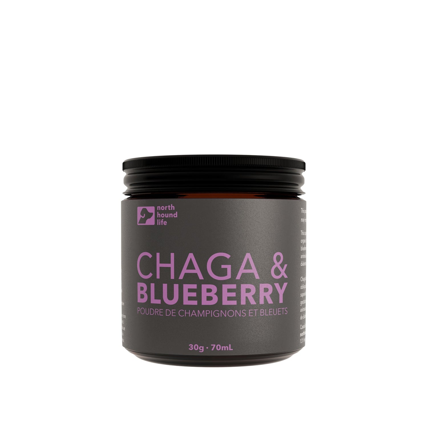 A recyclable glass jar labeled 'Chaga & Blueberry' from North Hound Life, containing a superfood blend for dogs.