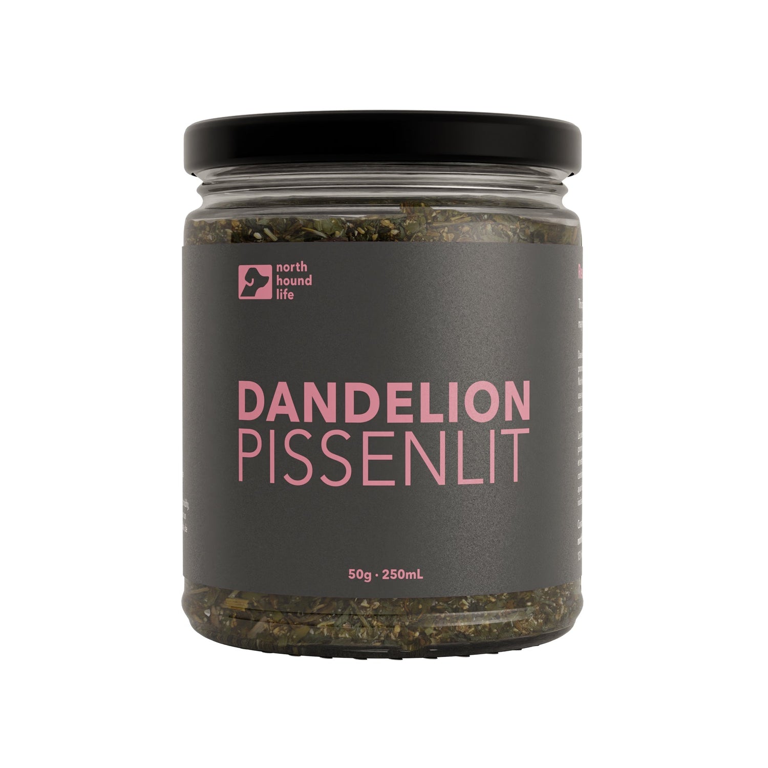 A glass jar labeled 'Dandelion' with a black lid, containing visible dandelion leaves and roots. 