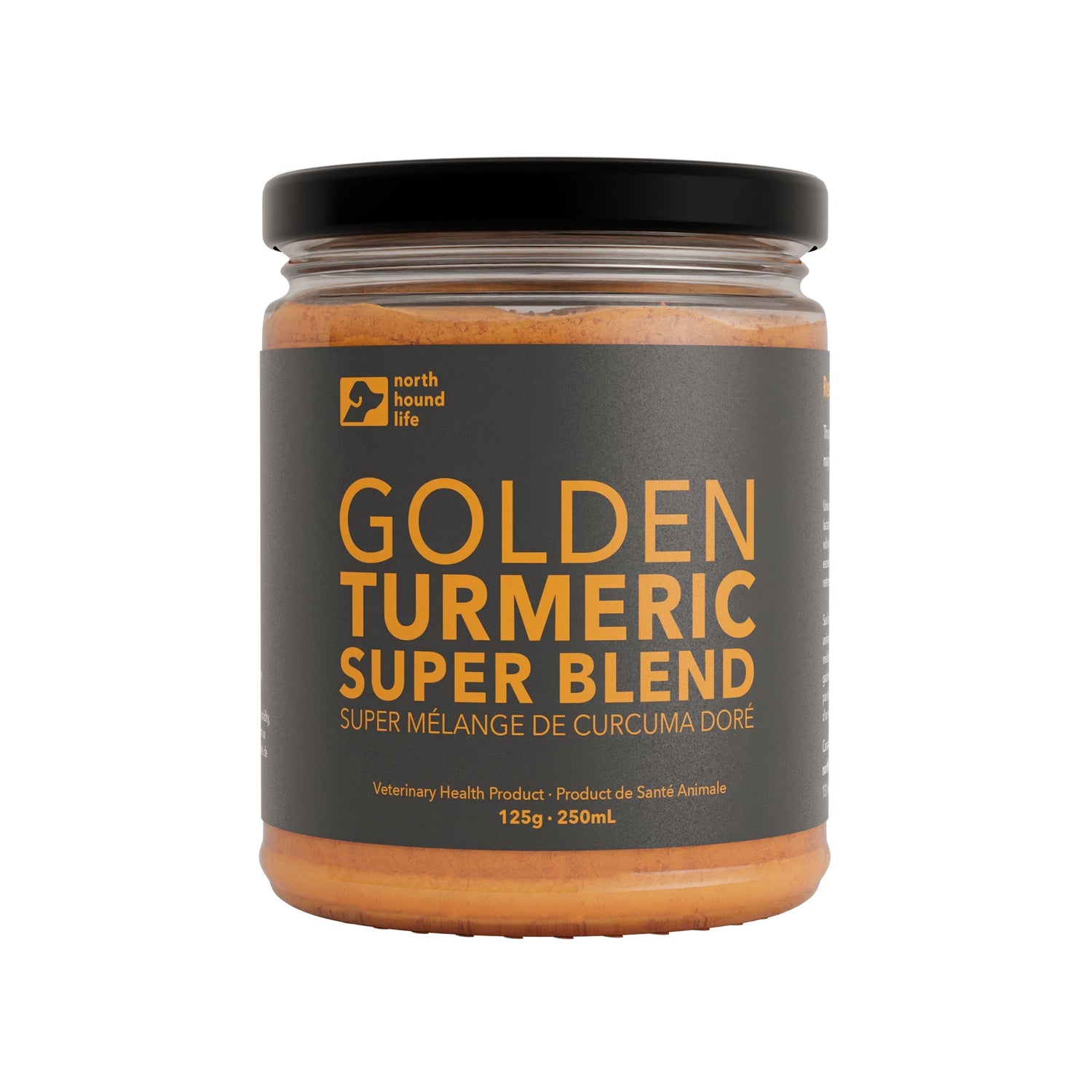 A recyclable glass jar labeled 'GOLDEN TURMERIC SUPERBLEND' from North Hound Life containing a golden-coloured powder supplement for dogs