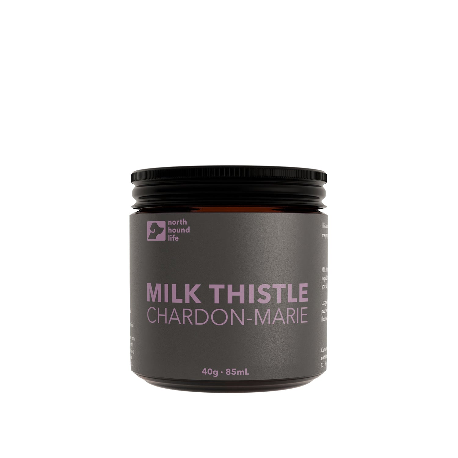 A recyclable glass jar containing ground Milk Thistle seeds, labeled with the brand North Hound Life, product name 'Milk Thistle'