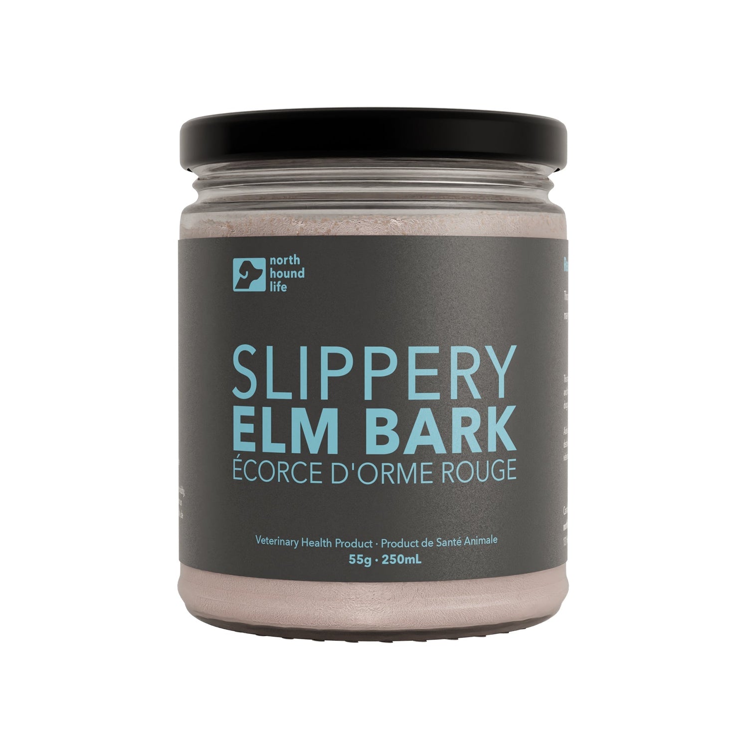 Recyclable glass jar labeled 'Slippery Elm Bark' by North Hound Life, with a black lid and a gray label featuring white and blue text.