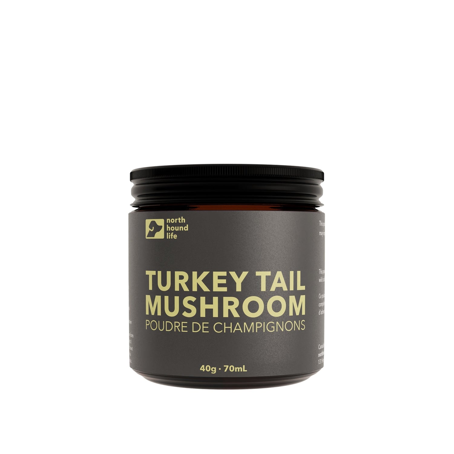 A recyclable glass jar labeled 'Turkey Tail Mushroom' by North Hound Life