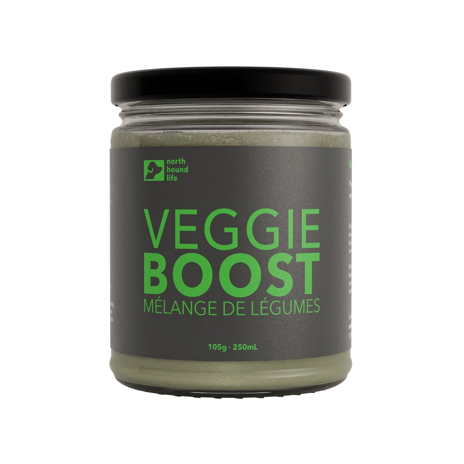 A recyclable glass jar labeled 'VEGGIE BOOST' containing a green organic vegetable mix for dogs.