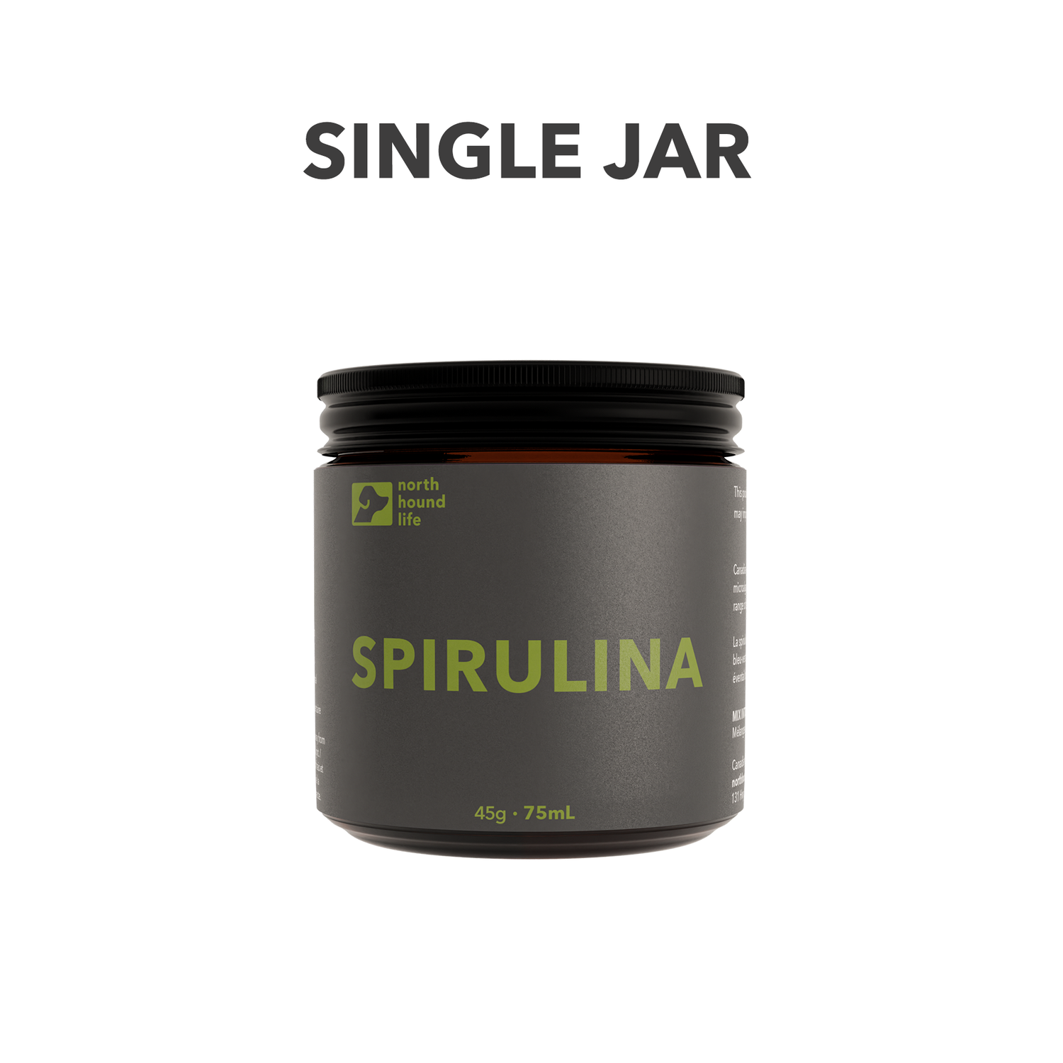 A recyclable glass jar labeled 'Spirulina' from the brand North Hound Life. The jar is black with green text. With text SINGLE JAR above jar